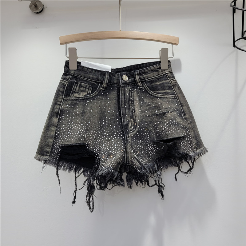 Broken hole denim shorts for women, 2023 new summer outfit, high waist slimming, heavy industry color hot stamping, spicy girl, wide leg hot pants Broken hole denim shorts for women, 2023 new summer outfit, high waist slimming, heavy industry color hot stamping, spicy girl, wide leg hot pants