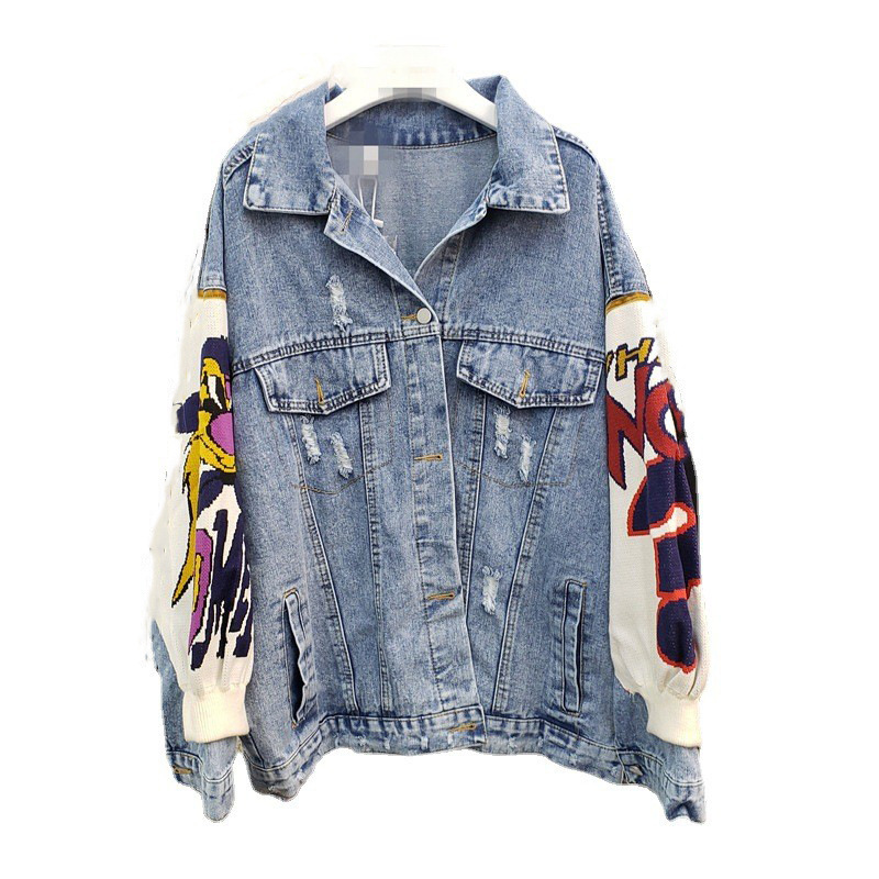 European Station 2022 Autumn/Winter New Denim Splicing Knitted Sleeve Heavy duty Nail Diamond Coat Women's Versatile Jacket Retro Trend European Station 2022 Autumn/Winter New Denim Splicing Knitted Sleeve Heavy duty Nail Diamond Coat Women's Versatile Jacket Retro Trend