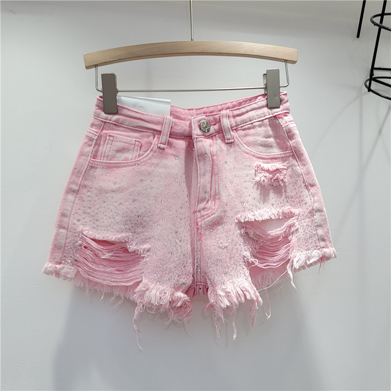 Broken hole denim shorts for women, 2023 new summer outfit, high waist slimming, heavy industry color hot stamping, spicy girl, wide leg hot pants Broken hole denim shorts for women, 2023 new summer outfit, high waist slimming, heavy industry color hot stamping, spicy girl, wide leg hot pants
