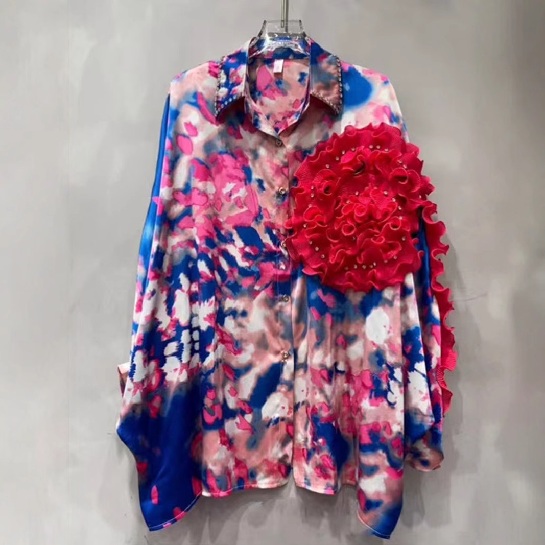 Thailand Chaopai Spring and Autumn 2025 New Style Beaded Print Flower Shirt Women's Medium length Design Small crowd loose shirt