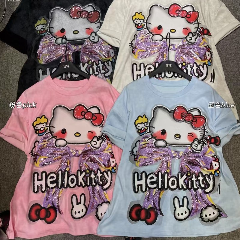 Cross border women's round neck loose short sleeved T-shirt for women's summer printing fashion heavy industry nail bead age reducing half sleeved top for foreign trade