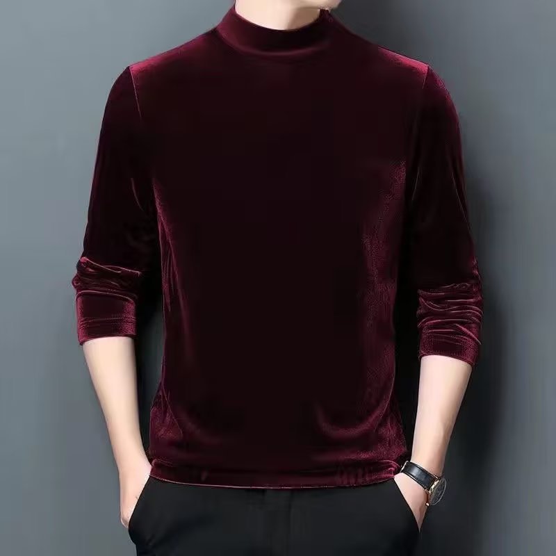 Clothing: Golden Velvet Autumn/Winter New Long Sleeve Bottom Shirt for Men, Thickened Warm Half High Neck Large Size Top