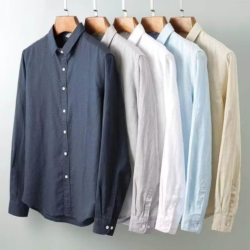 Foreign trade linen shirt men's long sleeved shirt casual collar solid color loose breathable linen shirt men's wholesale