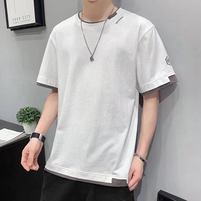 Short sleeved T-shirt men's clothing summer 2022 half sleeved fake two-piece top summer loose fit T-shirt geometric print