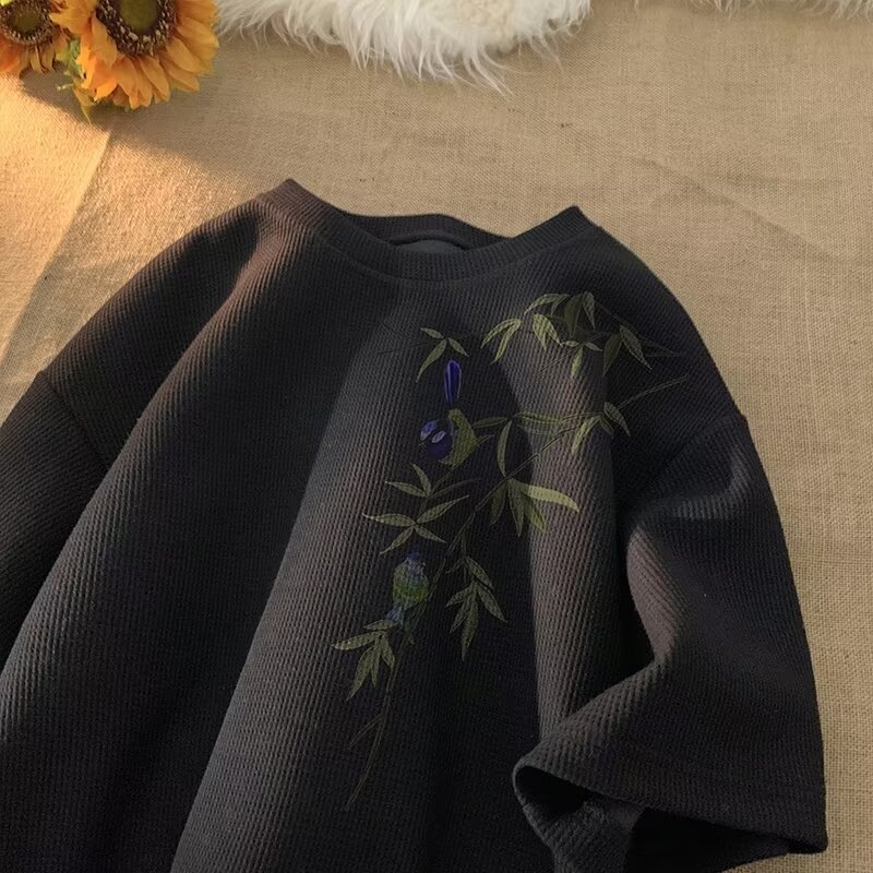 New Chinese style waffle style short sleeved shirt for men, new summer Chinese style top, trendy brand heavy bamboo leaf half sleeve New Chinese style waffle style short sleeved shirt for men, new summer Chinese style top, trendy brand heavy bamboo leaf half sleeve