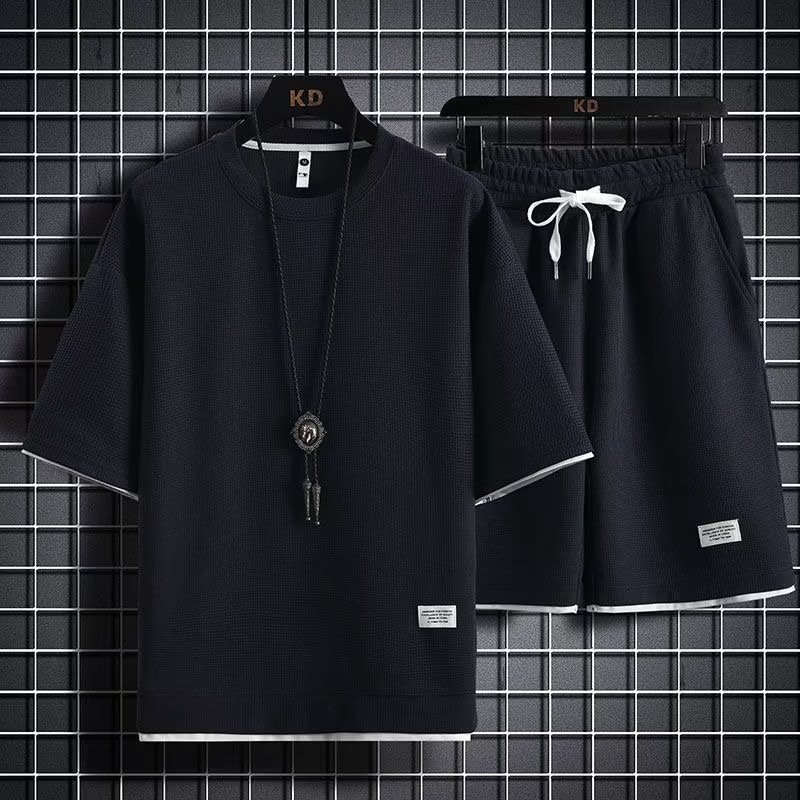 Huafu Ge sports and leisure suit men's short sleeved shorts wholesale Hong Kong style loose vacation two pieces in stock Huafu Ge sports and leisure suit men's short sleeved shorts wholesale Hong Kong style loose vacation two pieces in stock