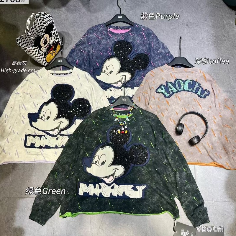 European fashion brand heavy industry tie dye sticker embroidery Mickey round neck long sleeved pullover short style loose and trendy women's autumn and winter new style