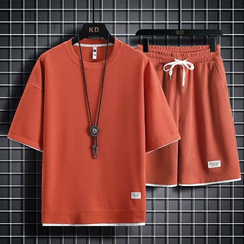 Huafu Ge sports and leisure suit men's short sleeved shorts wholesale Hong Kong style loose vacation two pieces in stock Huafu Ge sports and leisure suit men's short sleeved shorts wholesale Hong Kong style loose vacation two pieces in stock