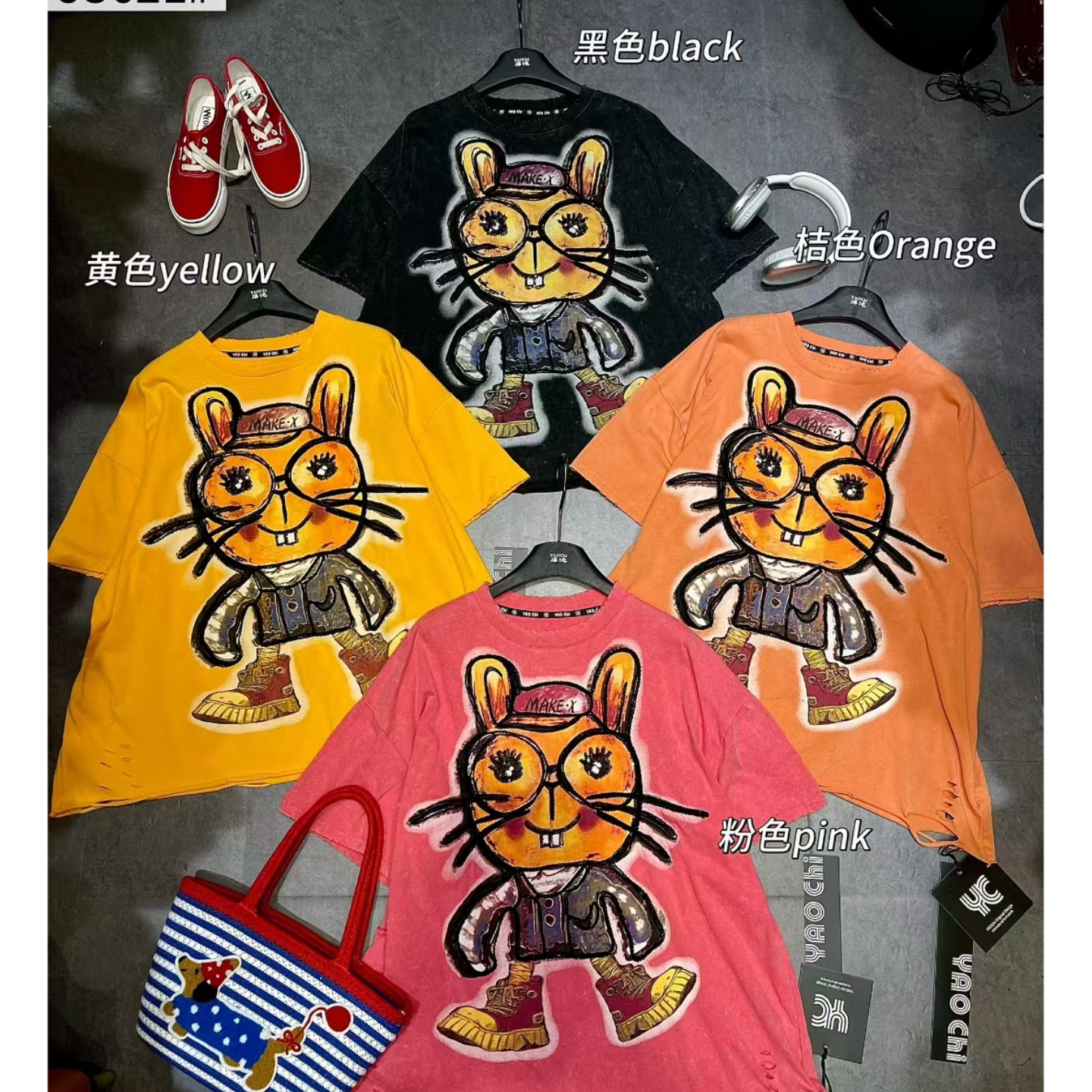 American style minimalist cartoon long printed T-shirt for men in autumn, hip-hop loose top, cross-border heavy industry trendy women's clothing