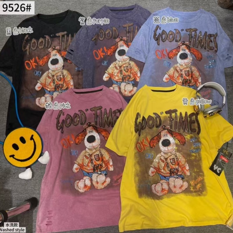 European fashion brand loose fitting European size top 25 summer cartoon pattern hot stamping diamond washed T-shirt colorful trendy versatile short sleeved shirt