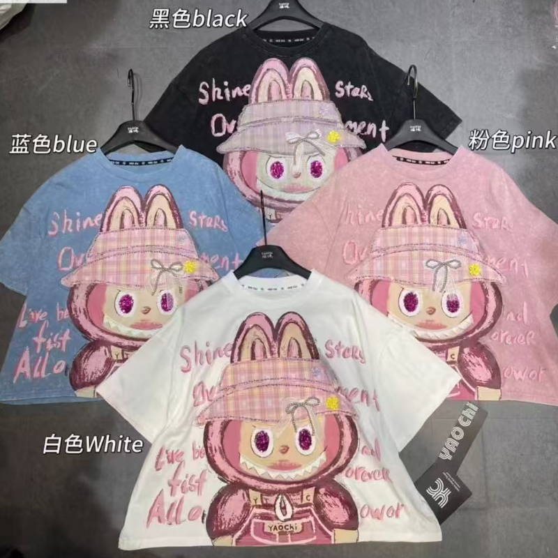 European Cute Cartoon Labu Short sleeved Women's 2025 Spring/Summer Lazy Style Loose Large Size Washed and Used T-shirt