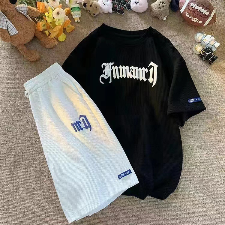 Waffle casual suit men's summer ice silk short sleeved T-shirt men's set, paired with trendy sportswear hair replacement
