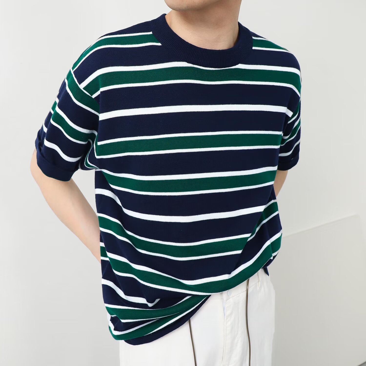 Striped Knitted Shirt Men's Trendy Versatile Casual Short Sleeve T-shirt Men's Round Neck Half Sleeve T-shirt Base Shirt T