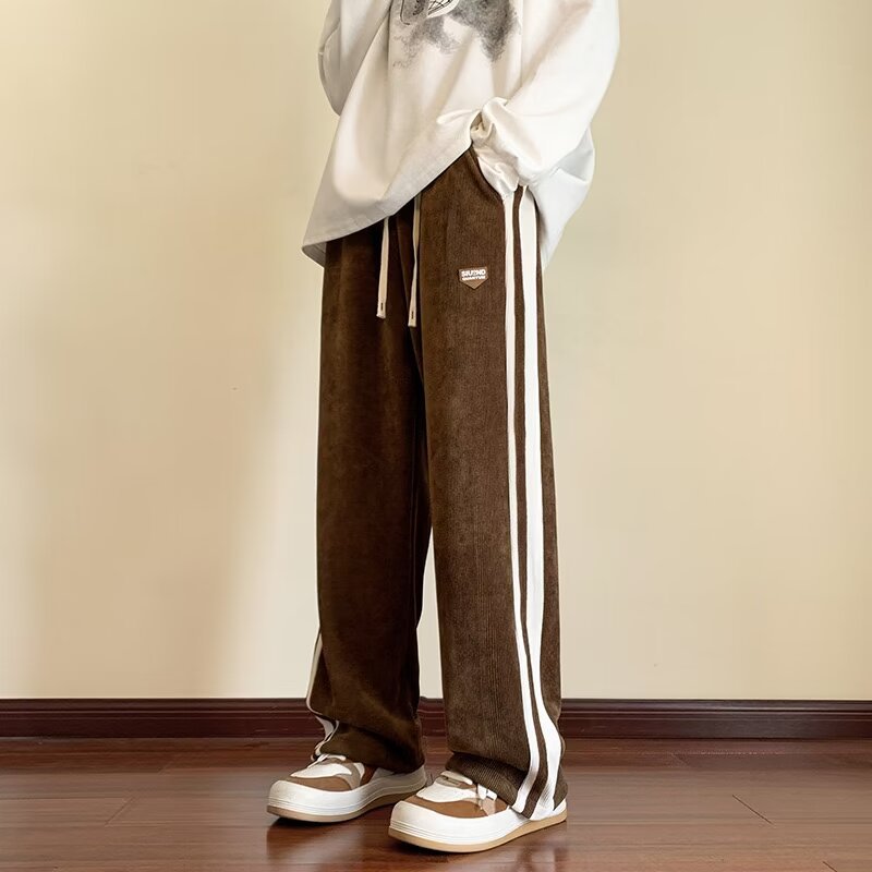 Clothing: Corduroy pants, men's autumn ins, trendy and loose fitting straight leg wide leg casual drawstring pants