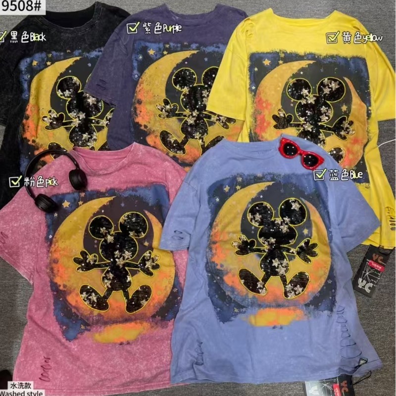 25 Spring/Summer New Mickey Moon Pattern Washed T-shirt Trendy Versatile Loose European Short Sleeve Top Trendy
