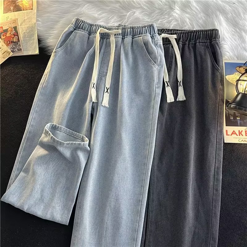 Elastic waisted denim pants for men, spring and autumn floor pants, loose straight leg deep blue long pants, wide legs