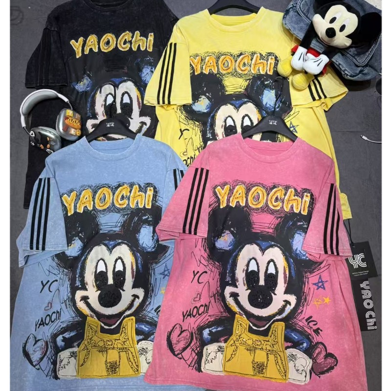 New Heavy Industry Cartoon Donald Duck Design Sense Round Neck Washed Water Aged Short Sleeve T-shirt for Women, Loose and Versatile Top Trendy