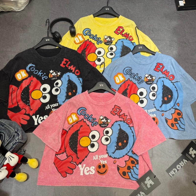 European plus size shirt 2025 summer fashion washed and worn out large print bead embroidery short sleeved trendy T-shirt for women