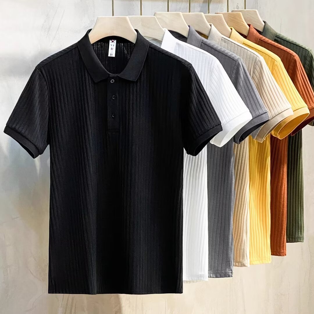 Business polo shirt, striped silk polo shirt, short sleeved trendy brand, summer top, men's T-shirt, lapel