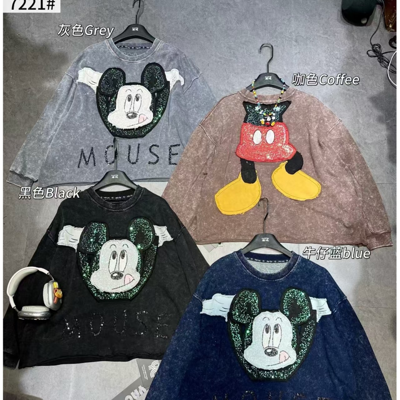 Cross border Heavy Industry Embroidery Mickey Short sleeved T-shirt 2025 Autumn New Cotton Top Women's Large Size Hoodie