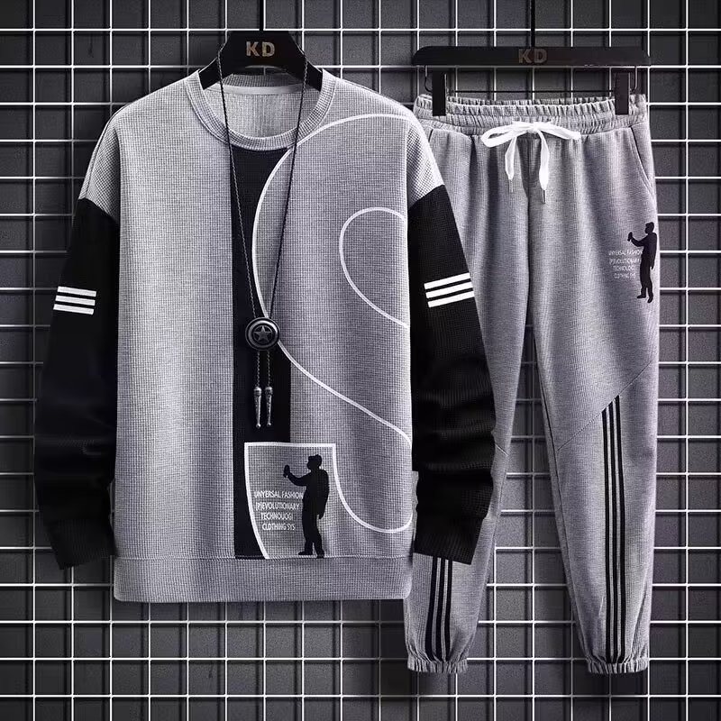 Clothing, sports and leisure suit, autumn new style, color blocking trend, Hong Kong style, loose fit, Waffle round neck hoodie
