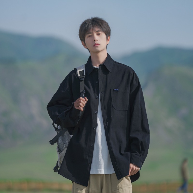 Japanese black workwear loose long sleeved shirt jacket men's jacket spring and autumn style shirt retro versatile Japanese black workwear loose long sleeved shirt jacket men's jacket spring and autumn style shirt retro versatile