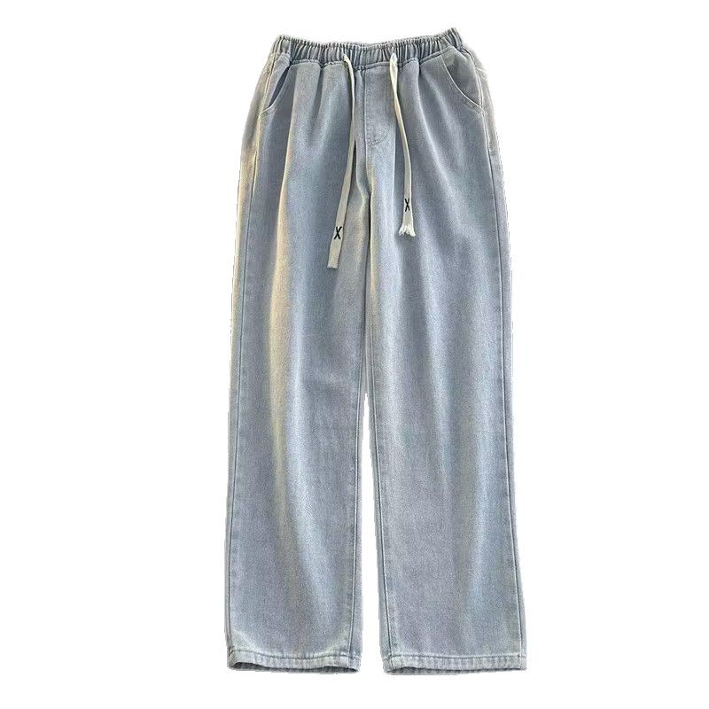 Elastic waisted denim pants for men, spring and autumn floor pants, loose straight leg deep blue long pants, wide legs Elastic waisted denim pants for men, spring and autumn floor pants, loose straight leg deep blue long pants, wide legs