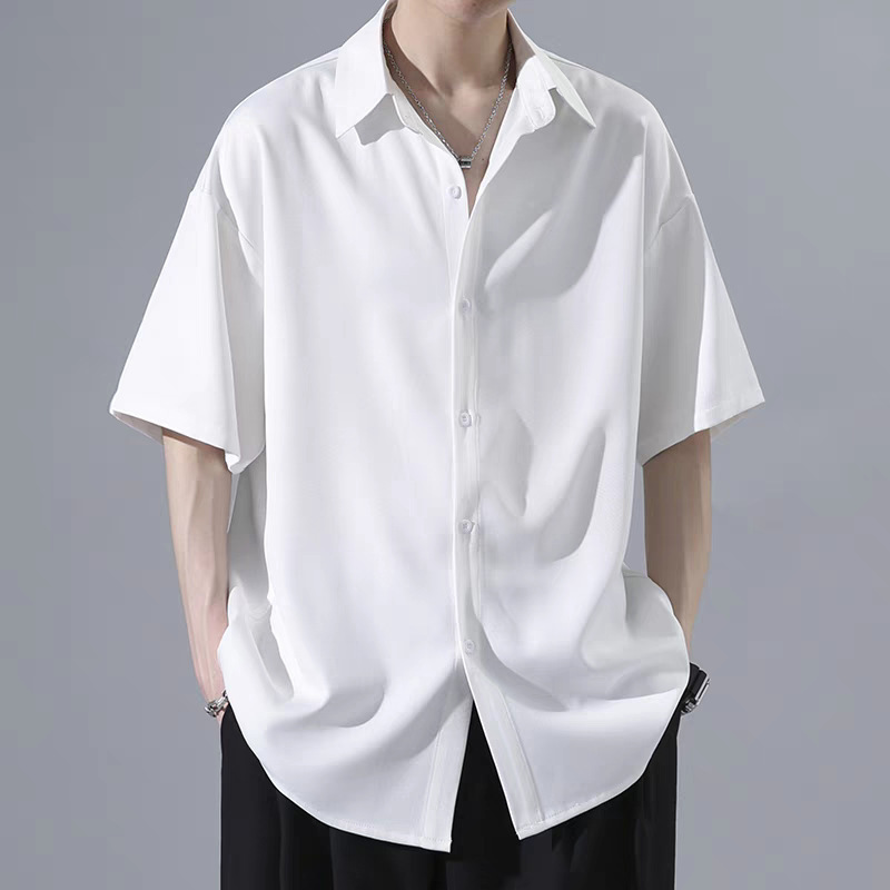 Ice silk five quarter short sleeved shirt for men in summer, thin and trendy brand ins, loose and hanging casual white inch lining clothes