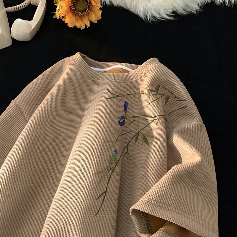 New Chinese style waffle style short sleeved shirt for men, new summer Chinese style top, trendy brand heavy bamboo leaf half sleeve