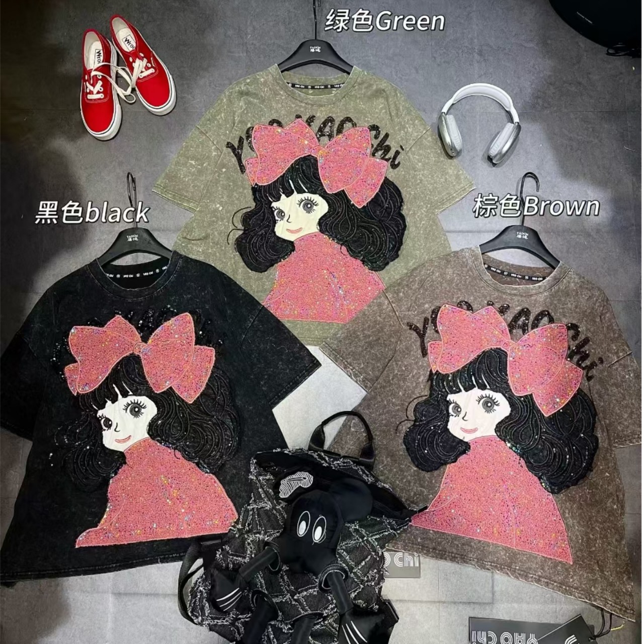 20 Autumn Heavy Industry New Cartoon Trendy Glasses Little Girl Short Sleeve T-shirt Women's Loose Casual Top Large Size