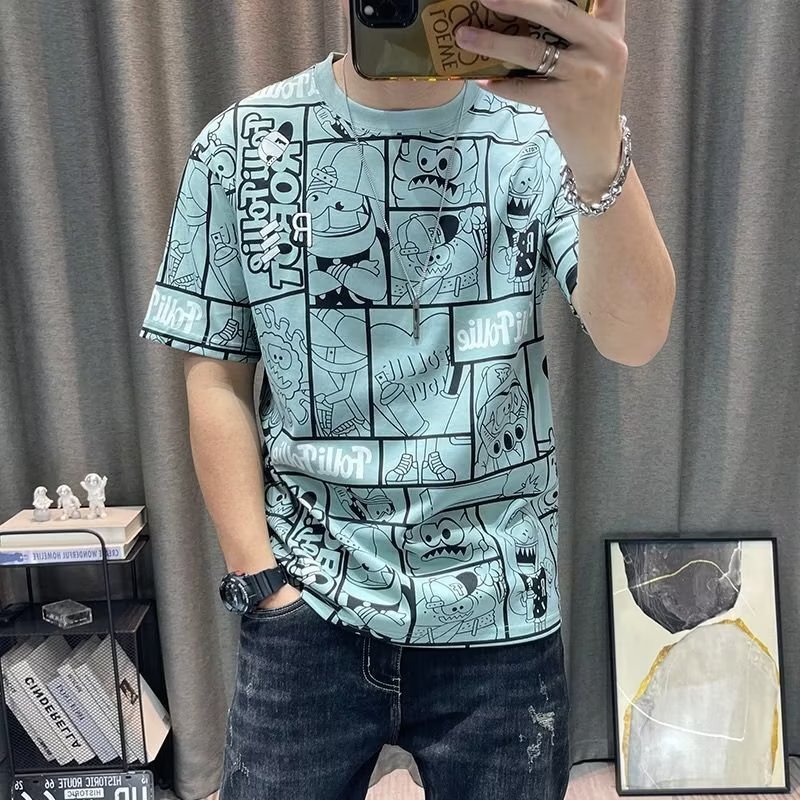 Foreign trade summer short sleeved T-shirt men's Hong Kong style loose round neck cartoon printed top trendy ins casual versatile T-shirt