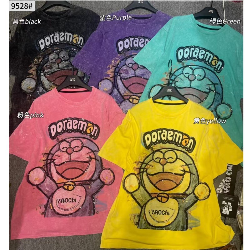 25 Summer New Heavy Industry Cartoon Dingdang Cat Short sleeved T-shirt Knitted Women's Loose Casual Washed Outdated Short sleeved Shirt