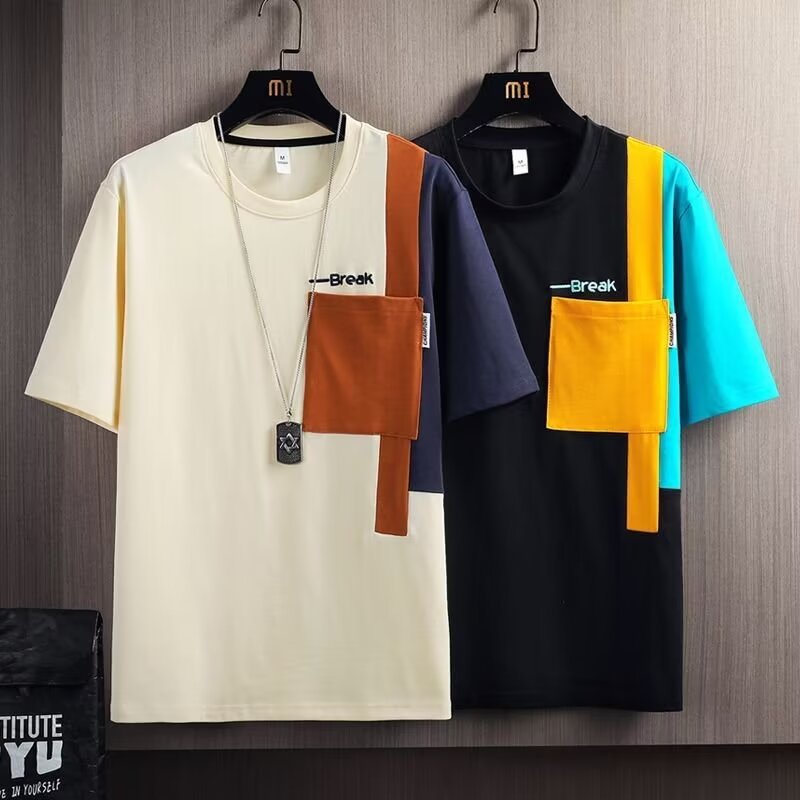 Clothing color blocking splicing short sleeved T-shirt for men's summer new style, loose, fashionable, trendy, casual five quarter sleeve top