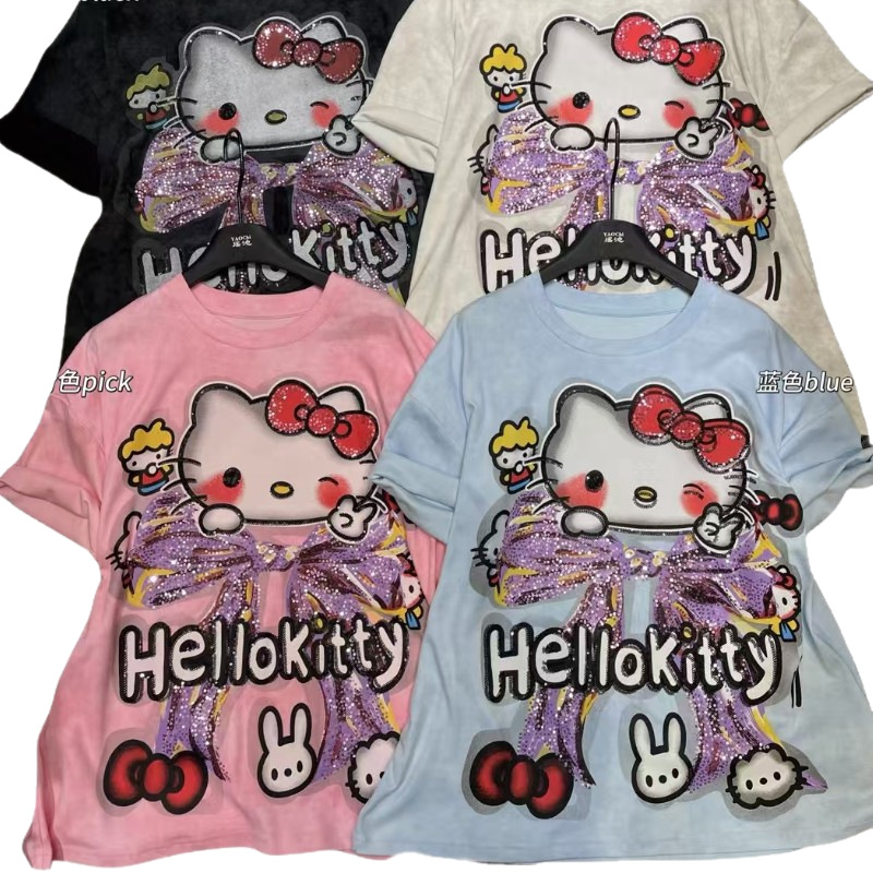 Cross border women's round neck loose short sleeved T-shirt for women's summer printing fashion heavy industry nail bead age reducing half sleeved top for foreign trade Cross border women's round neck loose short sleeved T-shirt for women's summer printing fashion heavy industry nail bead age reducing half sleeved top for foreign trade