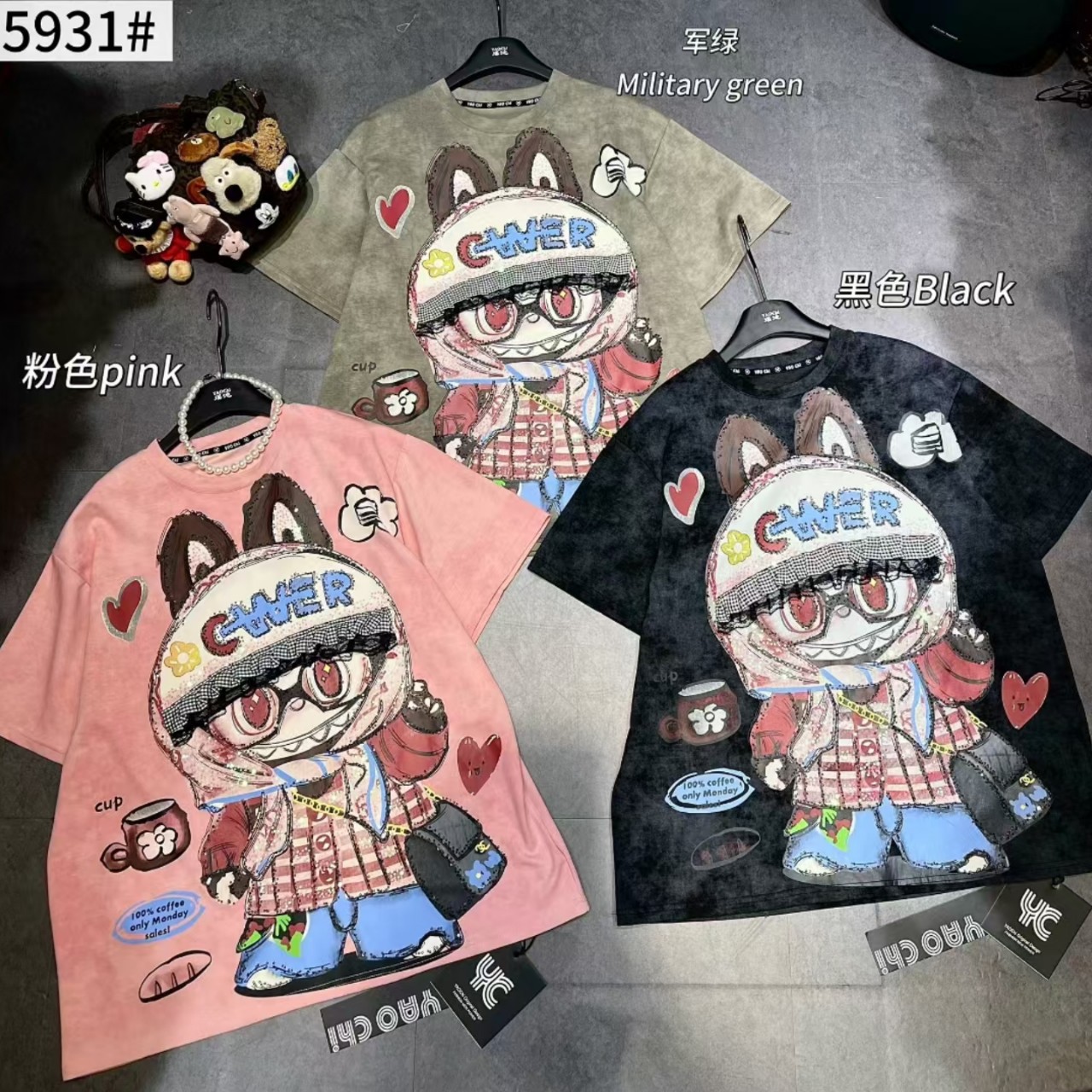 Large tie dye vintage pull fabric short sleeved t-shirt for women's autumn and winter new style top trend sticker round neck