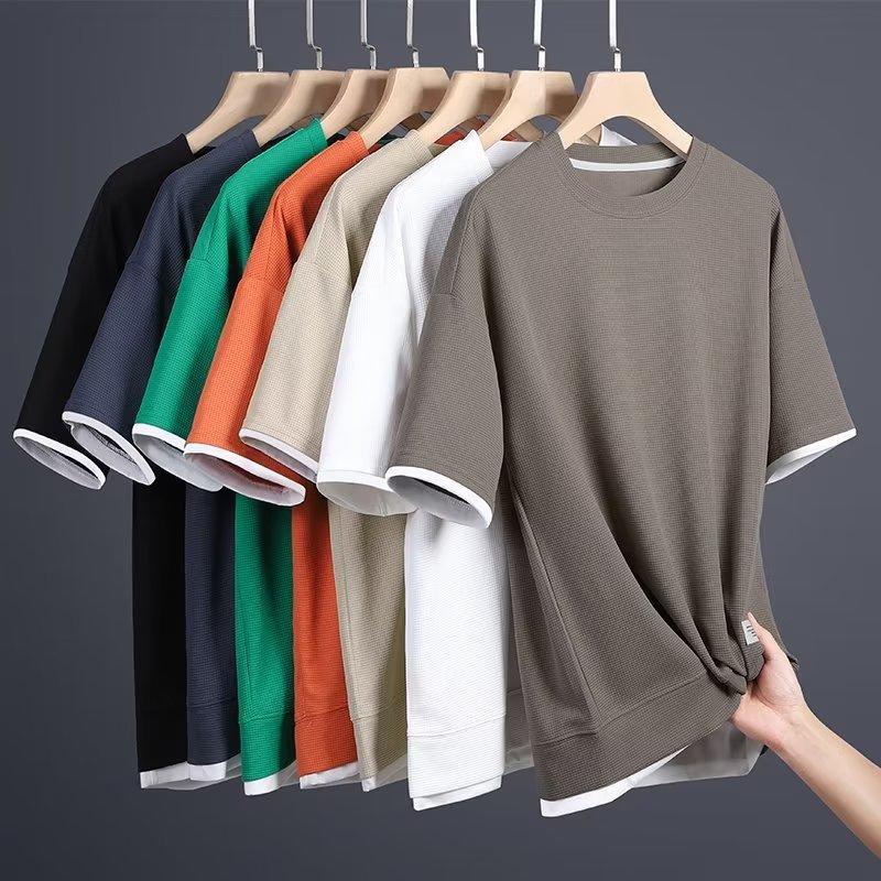 Clothing Waffle round neck short sleeved men's summer new item, fake two piece loose oversized ice silk thin version, five quarter sleeve