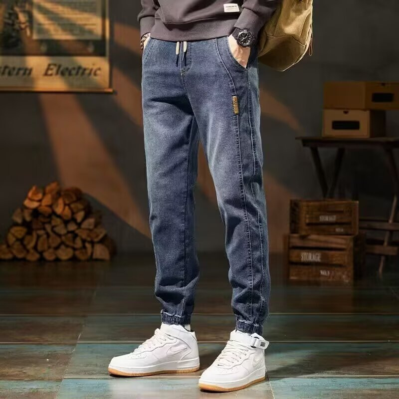 New clothing style jeans for men, loose and elastic, versatile, autumn and winter ankle tied casual pants for men, durable and washable