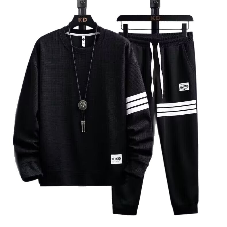 Clothing men's casual sports suit autumn new striped splicing two-piece set round neck sweatshirt loose jacket Clothing men's casual sports suit autumn new striped splicing two-piece set round neck sweatshirt loose jacket