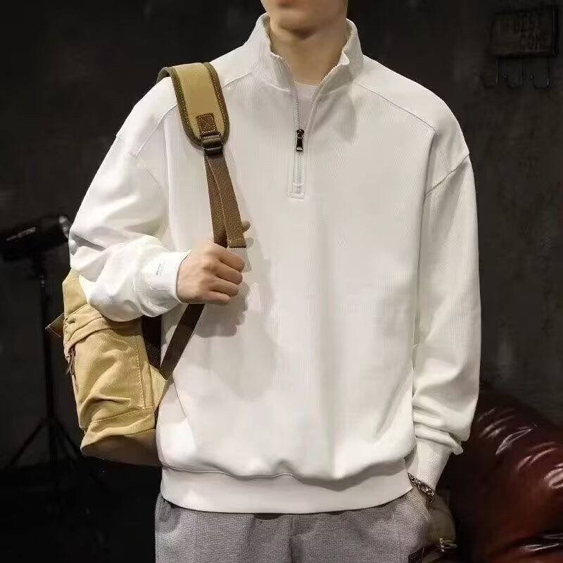 Clothing Light Business Men's Solid Color Polo Shirt Stand Collar Half Chain T-shirt Foreign Trade Long Sleeve Casual Hoodie