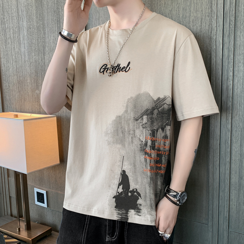 Short sleeved T-shirt for men, thin design, 2022 summer new trend, ink wash style, half sleeved casual, handsome and fashionable clothing