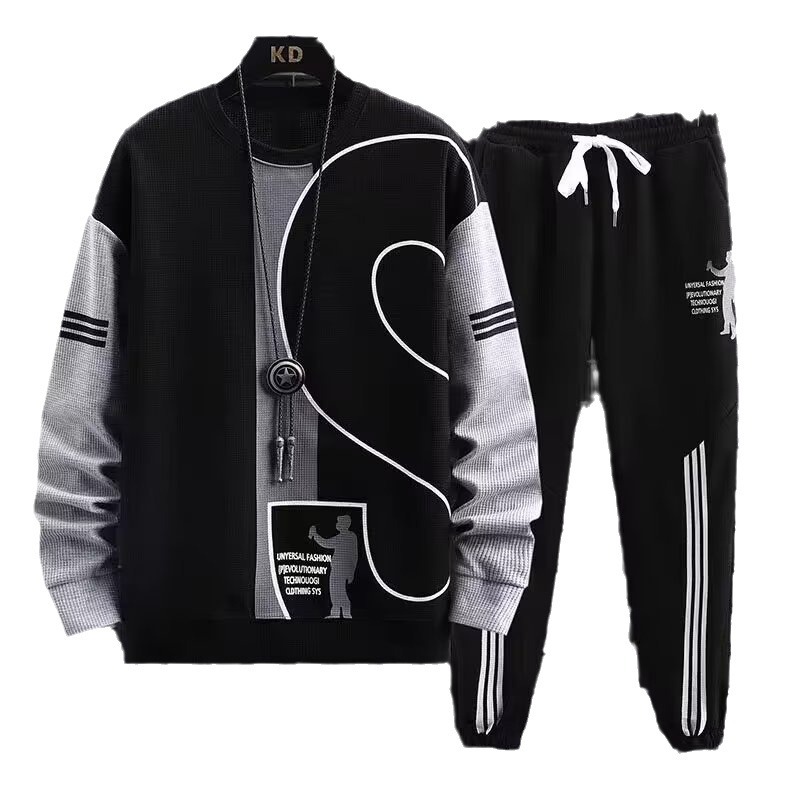 Clothing, sports and leisure suit, autumn new style, color blocking trend, Hong Kong style, loose fit, Waffle round neck hoodie Clothing, sports and leisure suit, autumn new style, color blocking trend, Hong Kong style, loose fit, Waffle round neck hoodie