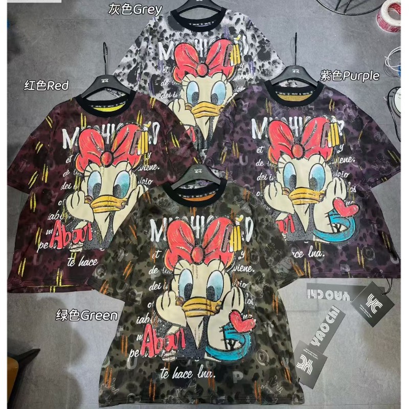 Trendy brand new autumn outfit heavy industry full print embroidery Donald Duck cartoon medium long round neck fashionable loose short sleeved T-shirt
