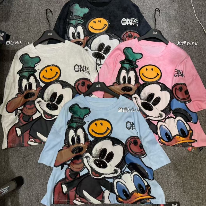 Summer Korean loose fit age reducing Mickey print round neck five quarter sleeve top T-shirt versatile casual top for women