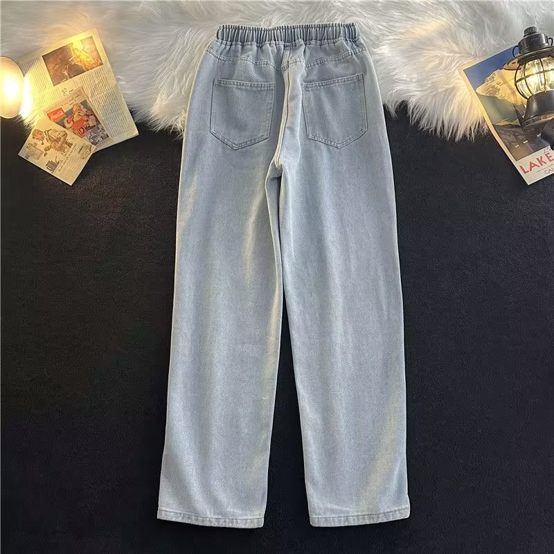 Elastic waisted denim pants for men, spring and autumn floor pants, loose straight leg deep blue long pants, wide legs Elastic waisted denim pants for men, spring and autumn floor pants, loose straight leg deep blue long pants, wide legs