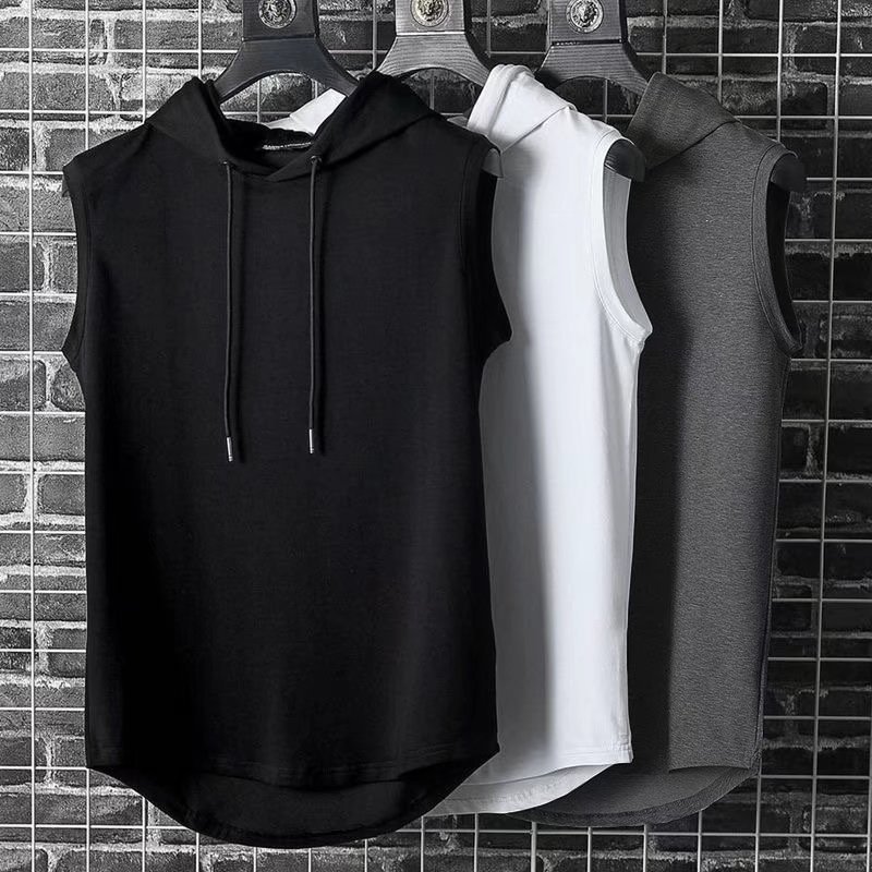 Hooded vest men's summer new Hong Kong style street solid color sleeveless T-shirt with hat thin vest personality trendy top