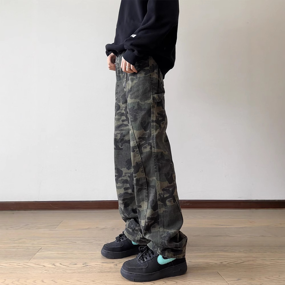 Camouflage workwear jeans for boys, American high street retro pants, loose straight leg trendy Yixuan clothing