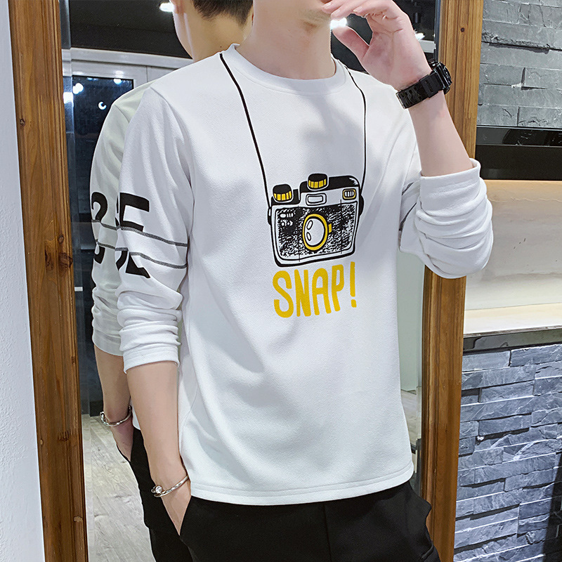 Long sleeved T-shirt men's autumn new Korean version new campus minimalist slim fit casual round neck printed trendy top Long sleeved T-shirt men's autumn new Korean version new campus minimalist slim fit casual round neck printed trendy top