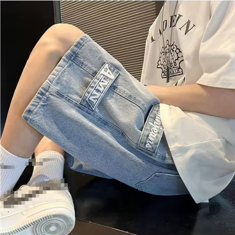 American retro denim shorts for men in summer, thin fit with large pockets, workwear, cropped shorts, loose casual shorts for teenagers