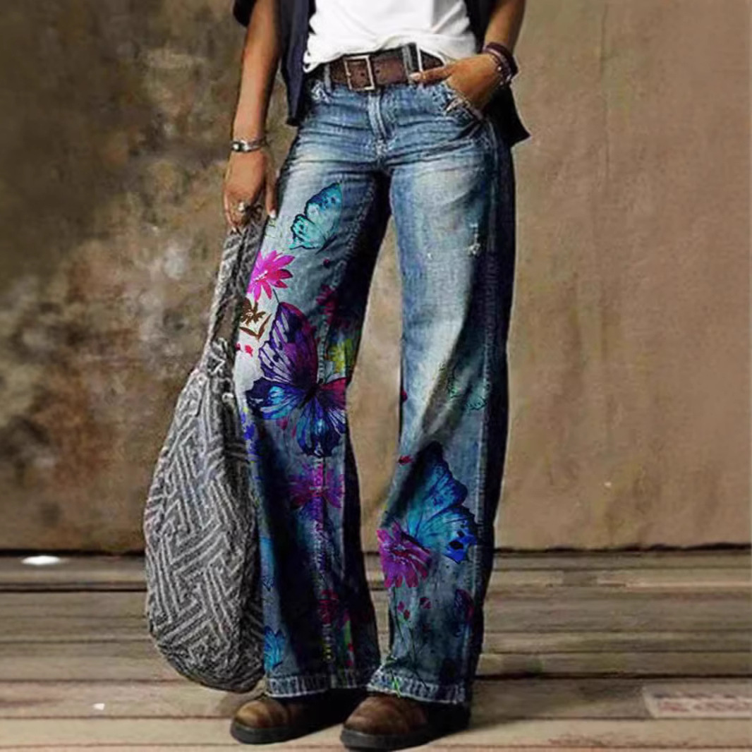 2025 Summer Thin Denim Pants 3D Digital Printing Amazon Hot Selling Pants Straight leg Women's Horn Pants