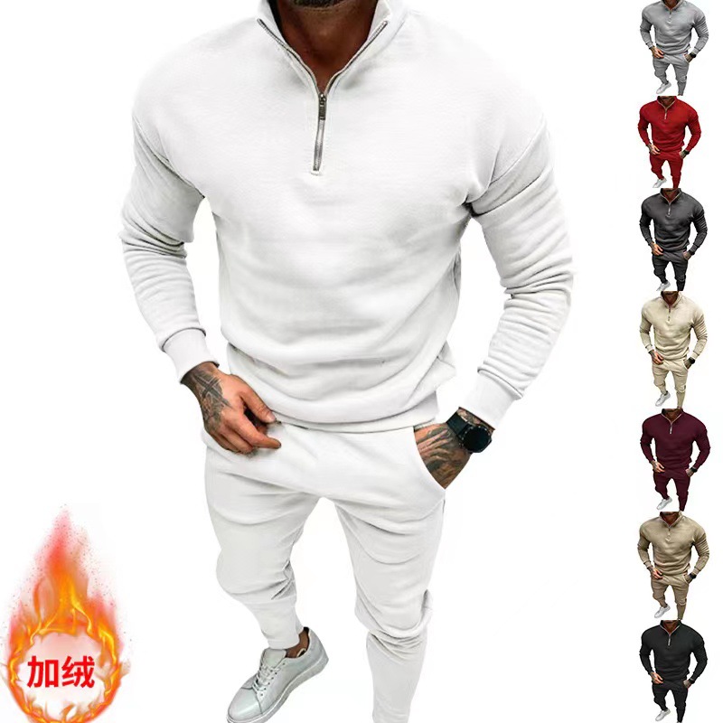 Cross border autumn and winter men's clothing Amazon solid color fashion casual plus velvet warm sports men's suit with the same thickness and warmth